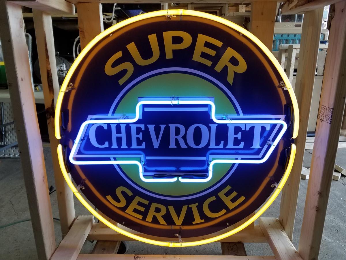Chevrolet tin neon sign, on full metal canister, 36in diameter