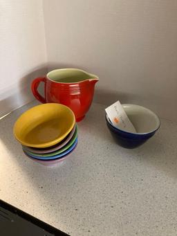 HALL pottery five cereal bowls small mixing bowl and pitcher