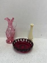 cranberry glass pitcher small Fenton swing vase and ruby basketweave bowl