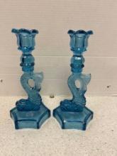 Pair of Viking Blue glass Dolphin Candlesticks 9.5