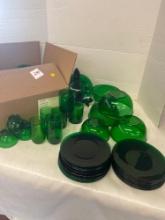 Mixed lot vintage Emerald Green mugs juice and drinking glass punch cups salad plates large bowls