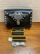 Leather Harley Davidson bag and 4 HD knives