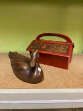 Red sewing box and wood duck decoy