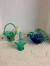 small Fenton basketweave glass basket as is Murano Art glass green blue basket and plastic green