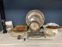 Oneida silver plate and hammered aluminum dish plus other serving pieces etc