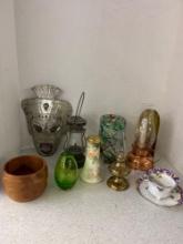 Mixed lot Noritake tea cup copper candle lamp antique hat pin holder oil lamp font and chimney no