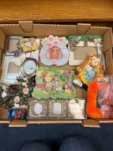 mixed lot box of picture frames and box of Angel Christmas tree toppers and one purple Angel music