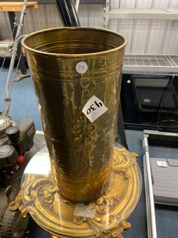 Petite glass top table and brass umbrella stand