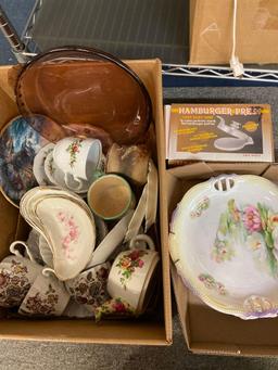 6 boxes of dishware walnut dishes glassware and more