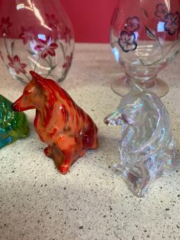 5 Mosser glass dogs collies and two glass vases