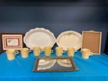 7 yellow Fiestaware mugs 2 platters Johnson Bros plateau mirror more