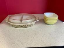 Pyrex golden acorn covered casserole dish and 4 small dishes