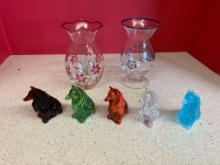 5 Mosser glass dogs collies and two glass vases