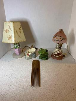 Two vintage lamps one Capodimonte one satin ceramic shoe and frog Wood hair comb