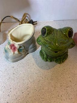 Two vintage lamps one Capodimonte one satin ceramic shoe and frog Wood hair comb