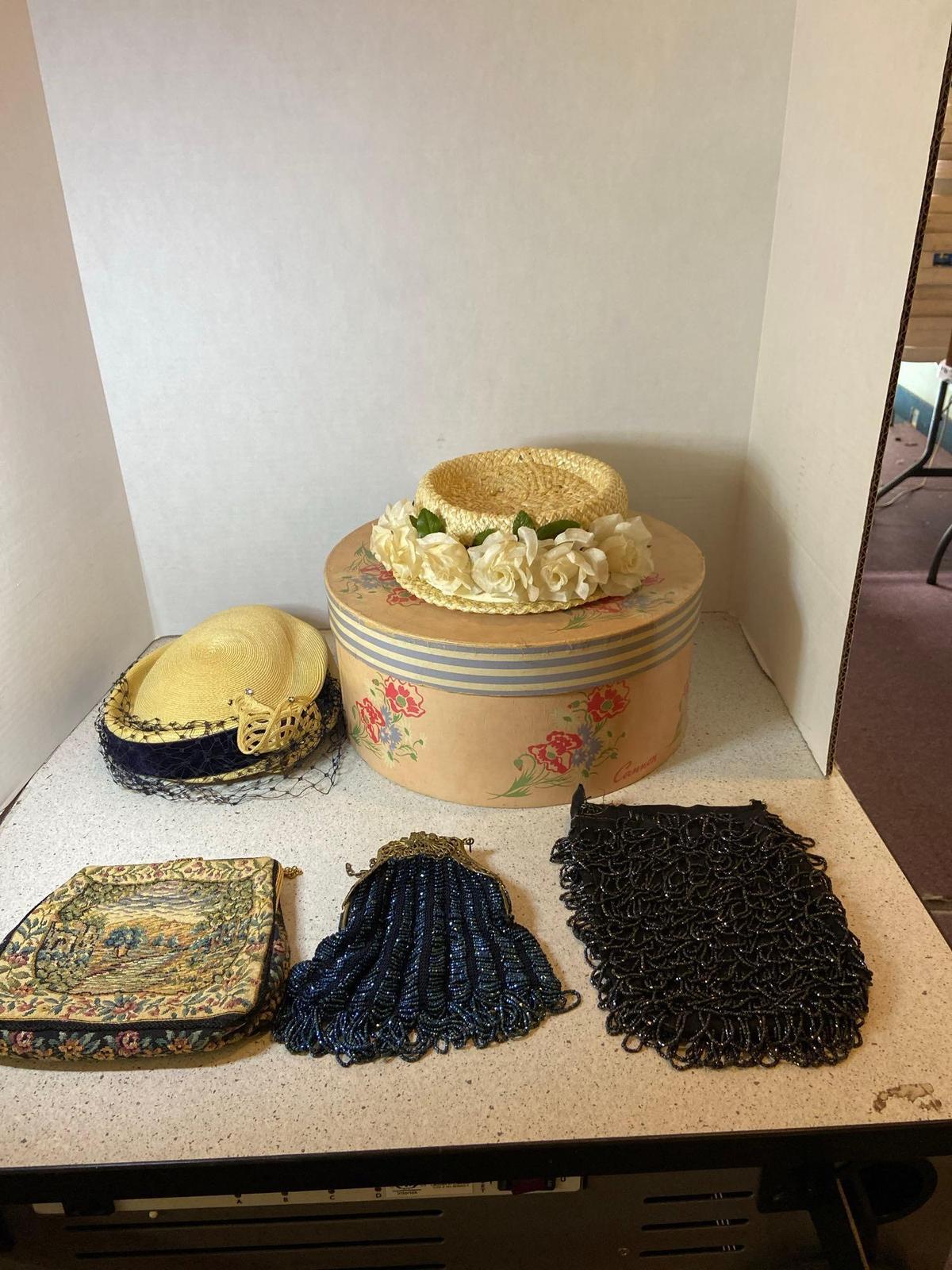 Vintage hat box with two hats and three vintage purses