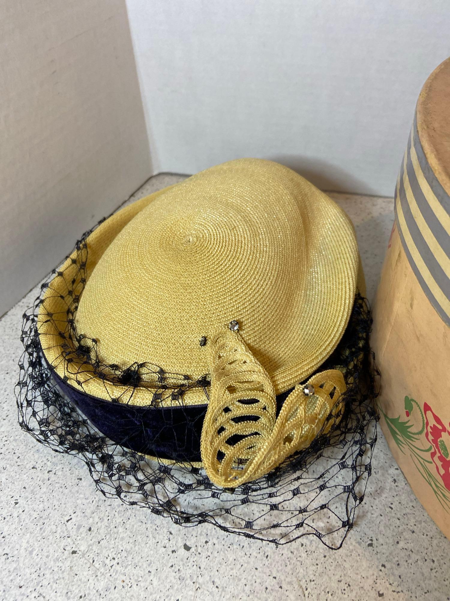 Vintage hat box with two hats and three vintage purses