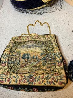 Vintage hat box with two hats and three vintage purses