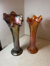 Two vintage carnival glass vases