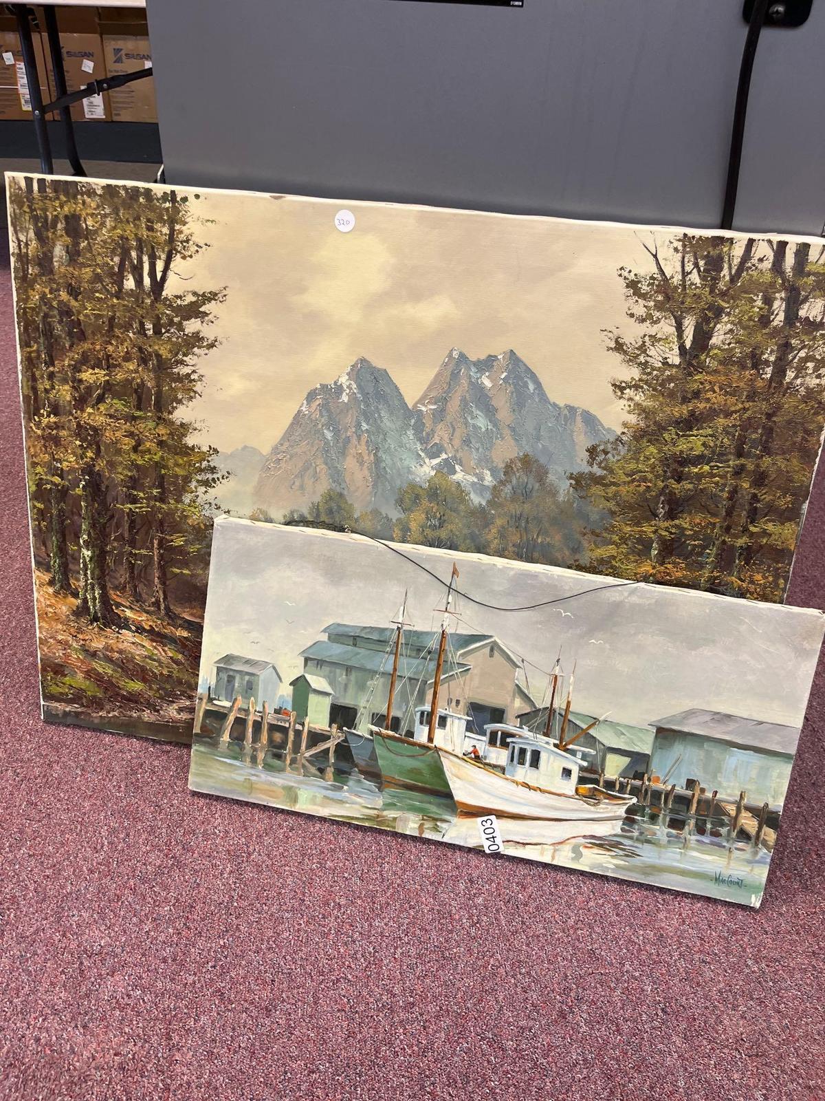 pair of canvas pictures, both signed harbor picture by MacCourt 1969 and mountain and river