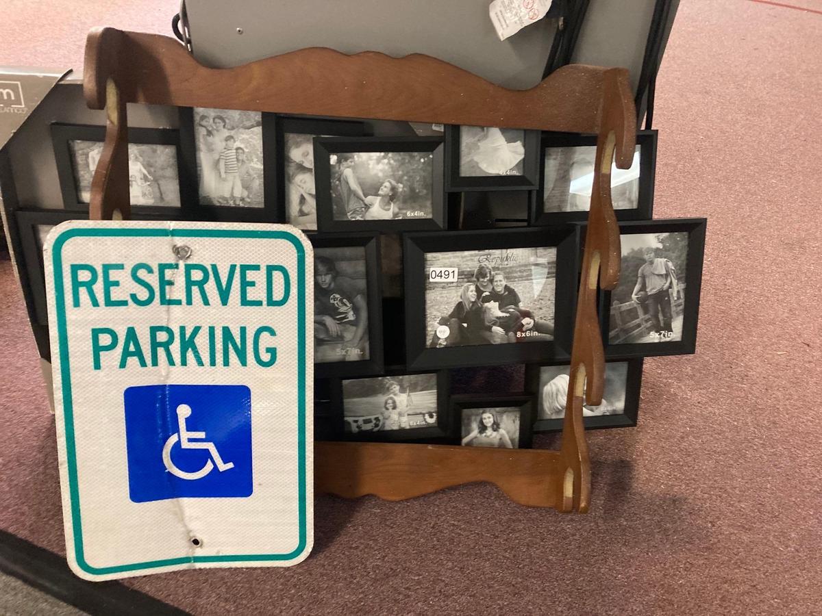 Picture frames gun rack and metal handicap parking sign