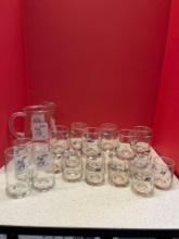 Vintage collection of BC pitcher and 21 glasses