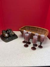 Old bronze bookends basket and 6 cordials