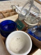 mortal pistol lab, beakers, cobalt glass ashtrays