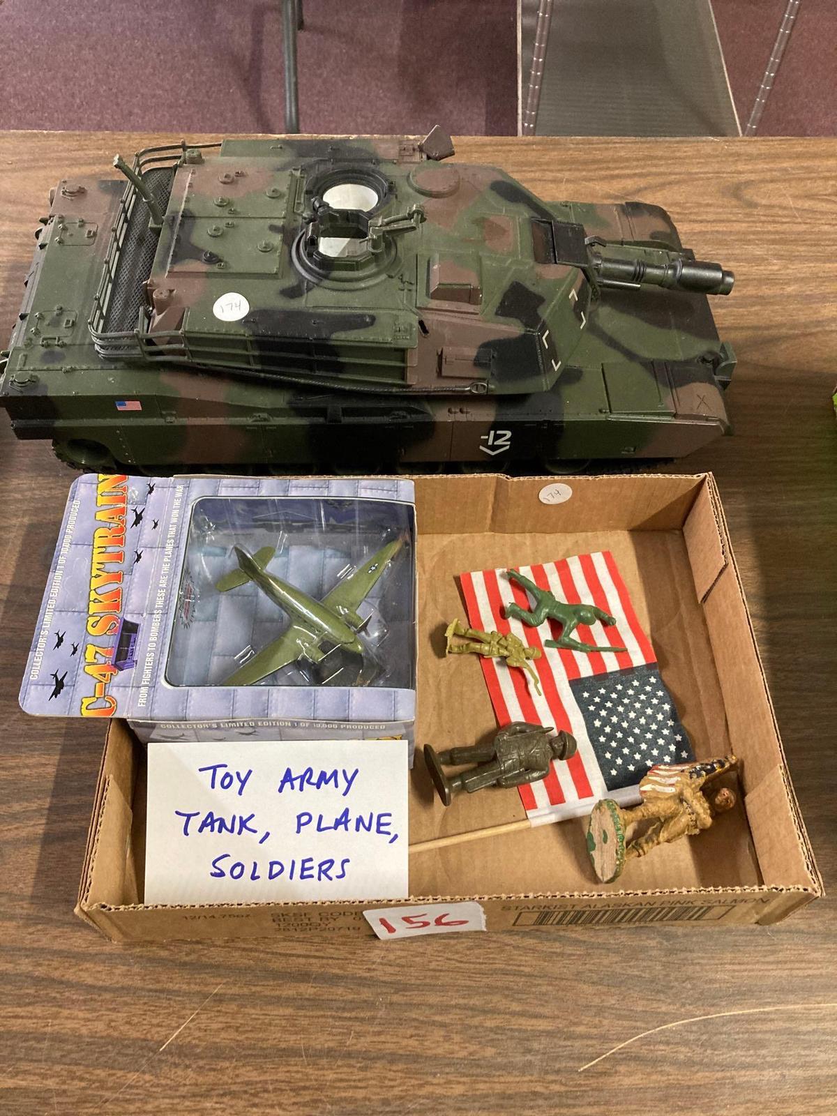 Toy army tank, plane, and soldiers