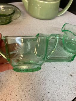 Uranium glass cream and sugar with tray pottery vase Hall tea pot