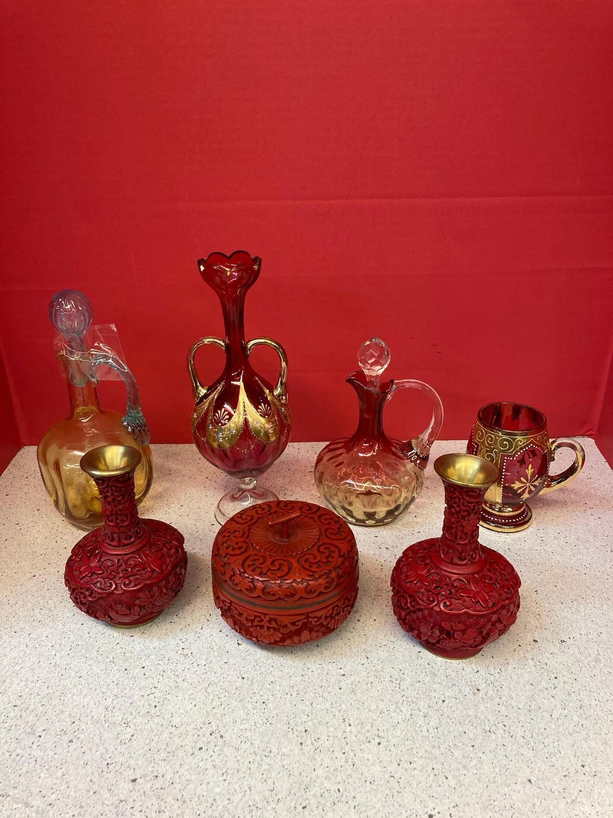 Chinese red, lacquer Cinnabar set Moser, cranberry vase and mug 2 glass decanters