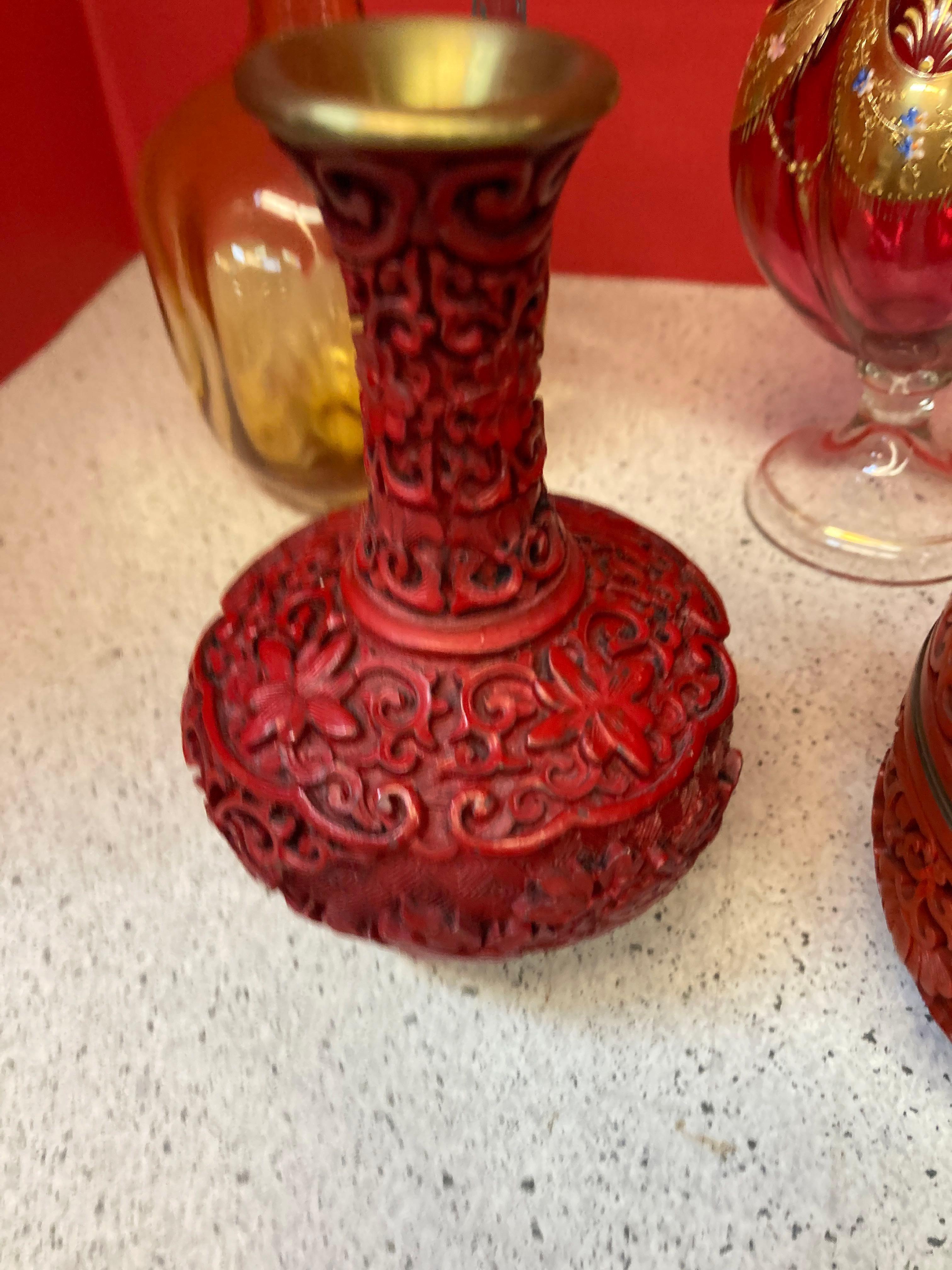 Chinese red, lacquer Cinnabar set Moser, cranberry vase and mug 2 glass decanters