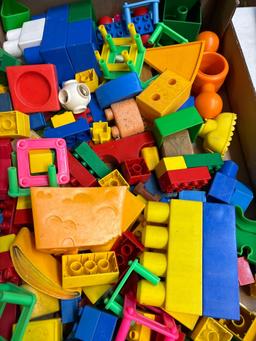 plastic and wood building blocks John Deere items