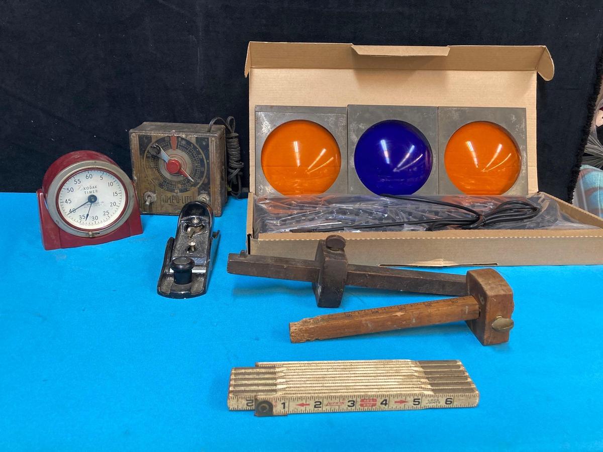 Vintage timers Eastman Kodak vintage glass lenses new IBM keyboard and vintage tool lot