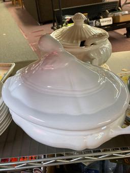 Entire shelf, white dishes tureens blue willow plates and more