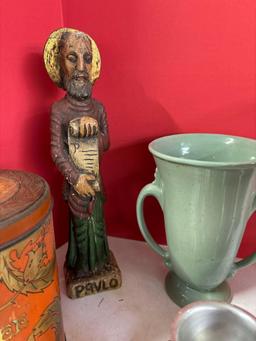 Vintage Tin Carved Wood Man Pottery etc