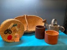 New old stock sewing basket rustic basket, watering can and two crock pots