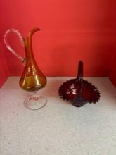 Enesco Glass Pitcher Fenton Ruby red basket