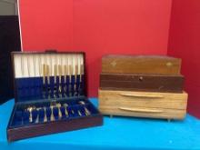 Set of American heritage, golden silverware and three empty silverware boxes