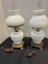 Two hobnail hurricane lamps