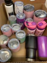 Box full of insulated stainless steel tumblers, and bottles