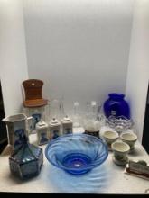 Blue Delft canisters, carnival glass, art glass bowl, glassware, and more