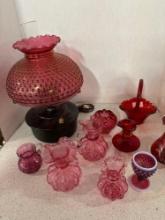 Oil lamp with cranberry hob nail shade Fenton glass other red glass