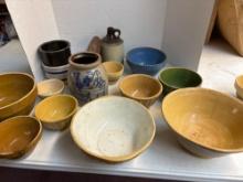 large lot of vintage pottery bowls blue decorated crock