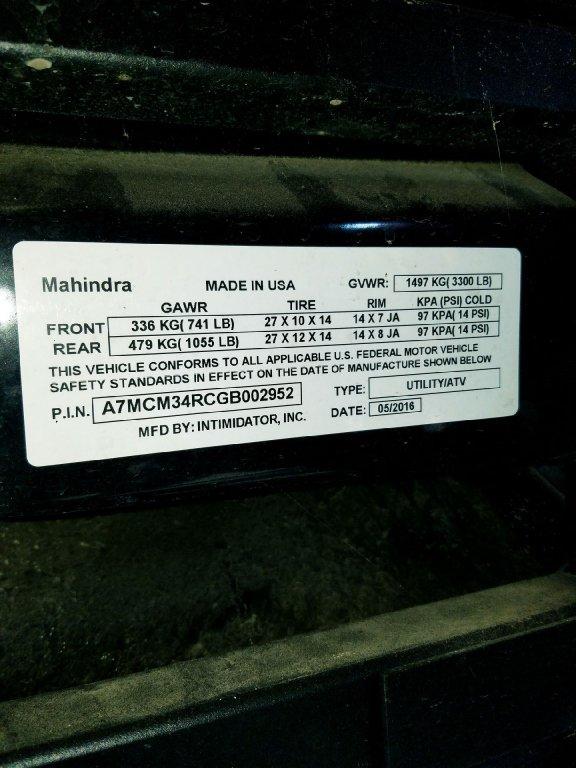NOT SOLD 2016 MAHINDRA MPACT 4X4 SIDE BY SIDE UTV;