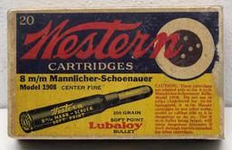 Full Vintage Box Western 8 mm Mannlicher-Schoenauer Model 1908 200 gr. SP Cartridges