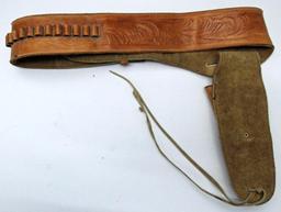 Tooled Leather Gun Rig Cartridge Belt and Holster, Belt Marked .40 Cal. 38