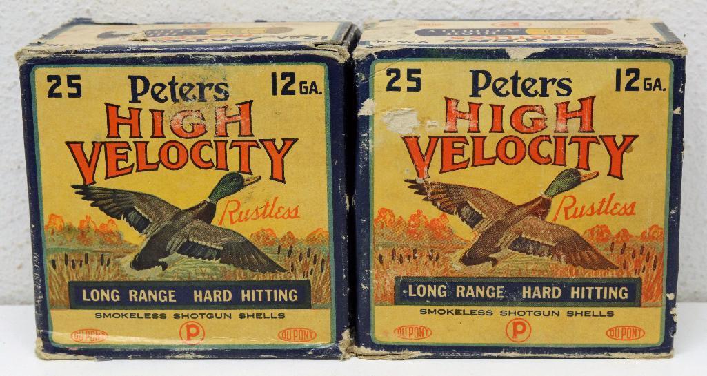 (2) Vintage Full and Correct Boxes Peters High Velocity 12 Ga. Shotgun Shells, Some Wear and Damage