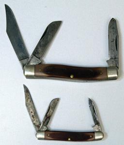 (2) Schrade Old Timer Three Blade Pocket Knives, Some Surface Rust on Blades of Smaller Knife