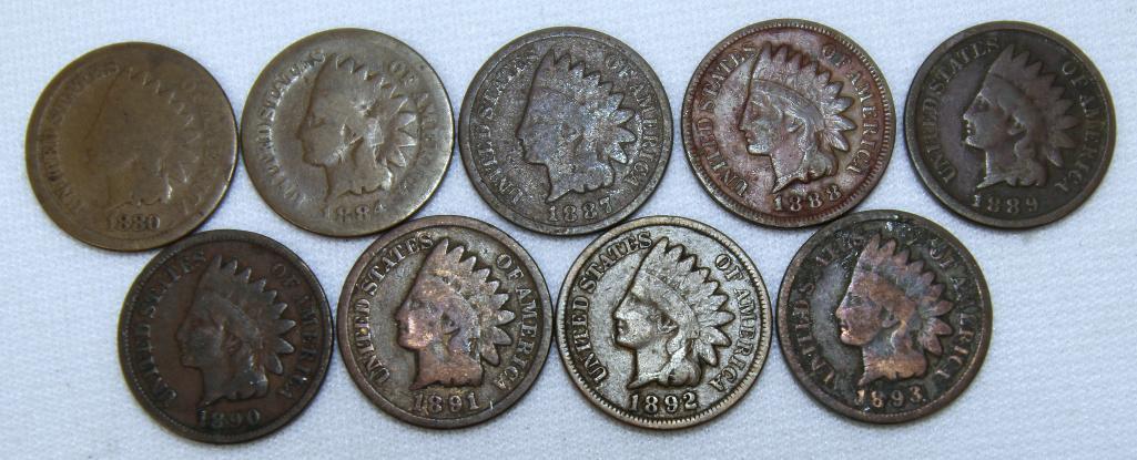 1880,1884,1887,1888,1889,1890,1891,1892,1893 Indian Head Cents